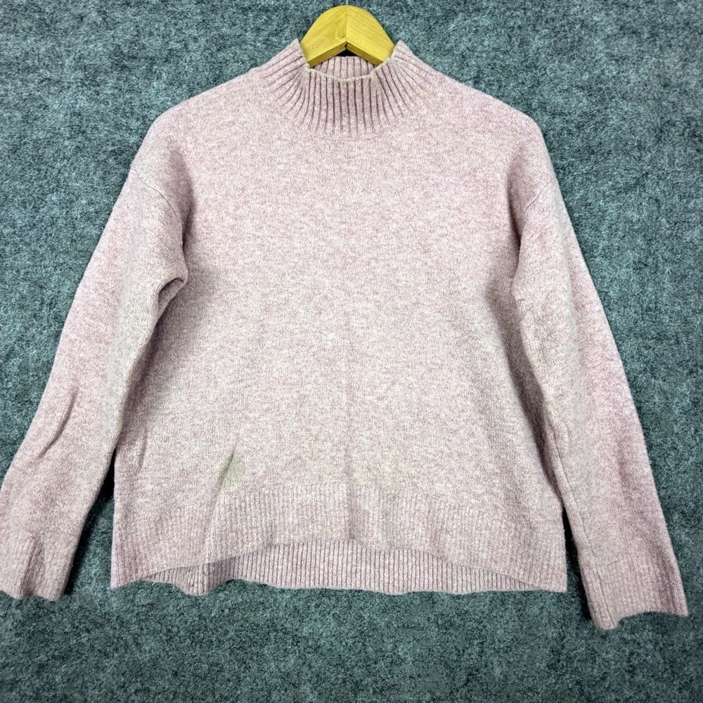 Uniqlo Sweater Womens‎ Small Heather Pink Wool Blend Knit Ribbed Trim High Neck